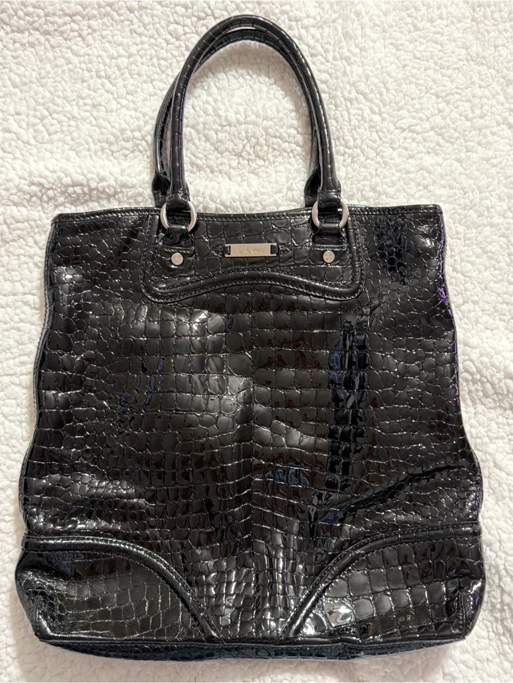 Cole Haan Black Patent Leather Croc-Embossed Tote Bag